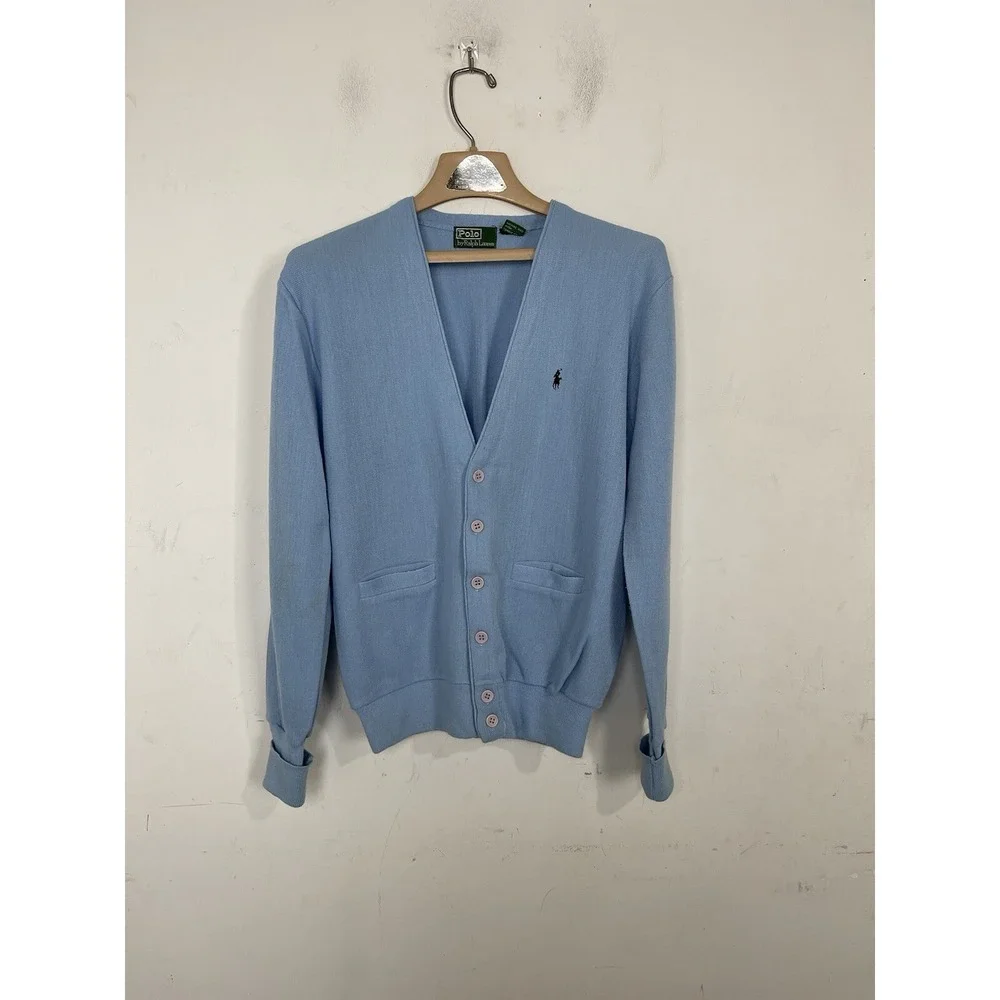 Polo Ralph Lauren Men Cardigan Large Old Money Dad Grandpa Blue Preppy Pique VTG